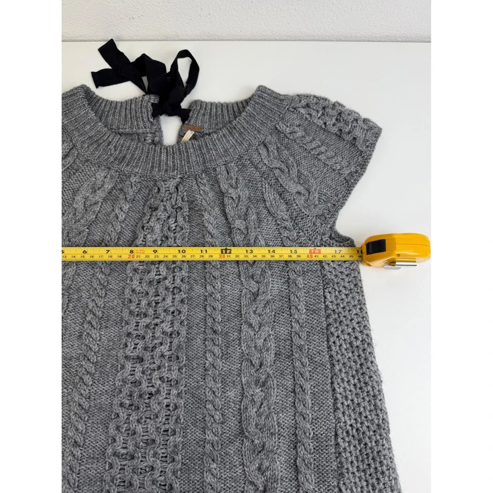 Free People Women Wool Blend Sweater Dress M Grey Cable Knit Cap Sleeve Tunic